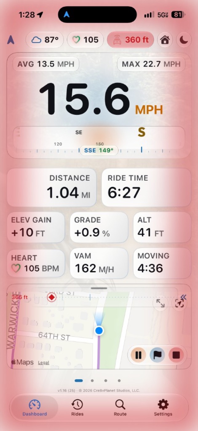 Dashboard with red radar wash at 360 feet
